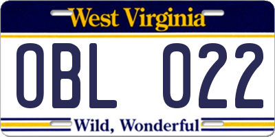 WV license plate OBL022