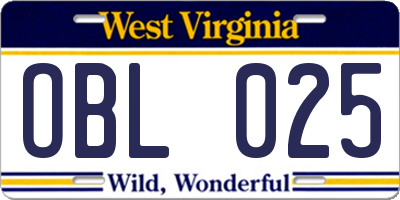 WV license plate OBL025