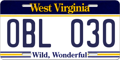 WV license plate OBL030