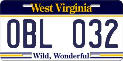 WV license plate OBL032