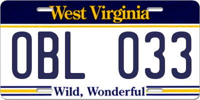 WV license plate OBL033