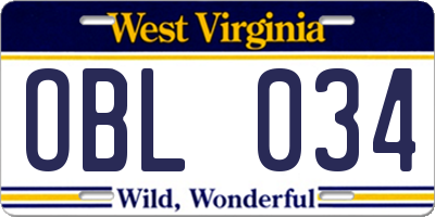 WV license plate OBL034