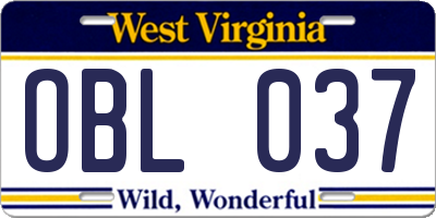 WV license plate OBL037