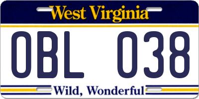 WV license plate OBL038