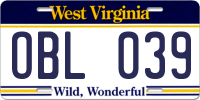 WV license plate OBL039