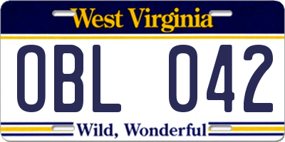 WV license plate OBL042