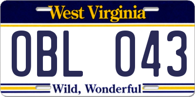 WV license plate OBL043