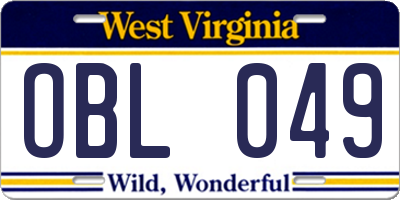 WV license plate OBL049
