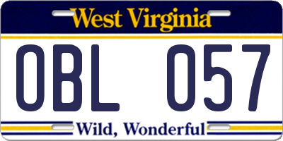 WV license plate OBL057