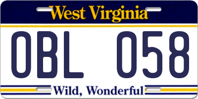 WV license plate OBL058