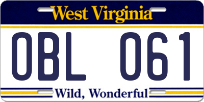 WV license plate OBL061
