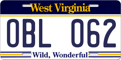 WV license plate OBL062