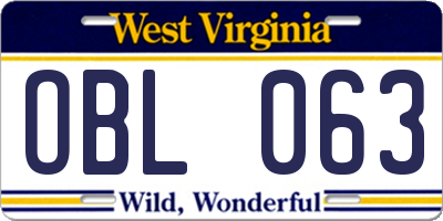 WV license plate OBL063
