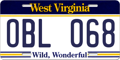 WV license plate OBL068