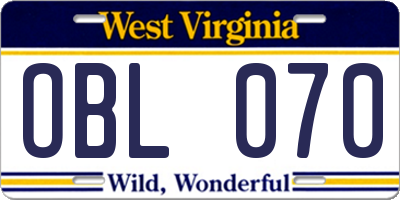 WV license plate OBL070