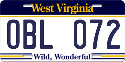 WV license plate OBL072