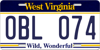 WV license plate OBL074