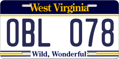 WV license plate OBL078