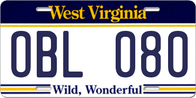 WV license plate OBL080