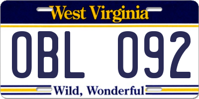WV license plate OBL092