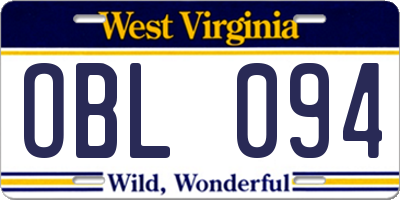 WV license plate OBL094