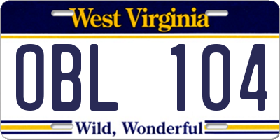 WV license plate OBL104