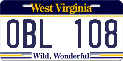 WV license plate OBL108