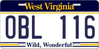 WV license plate OBL116