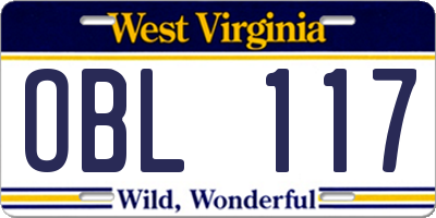WV license plate OBL117