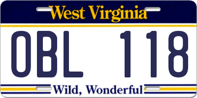 WV license plate OBL118