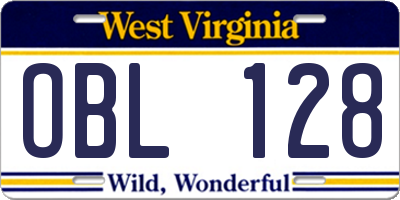WV license plate OBL128