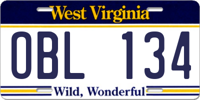 WV license plate OBL134