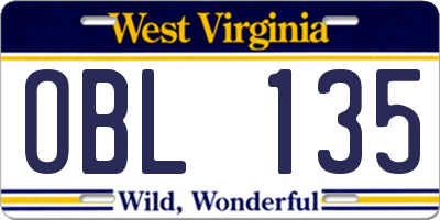 WV license plate OBL135