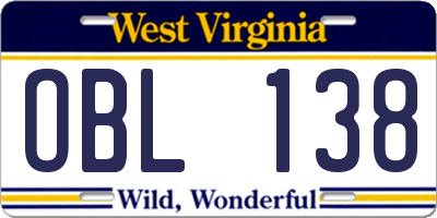WV license plate OBL138