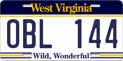 WV license plate OBL144
