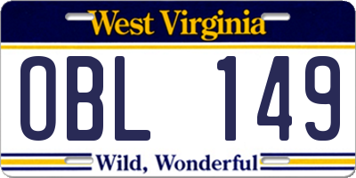 WV license plate OBL149