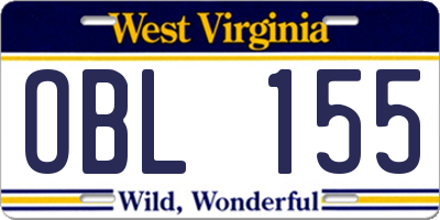 WV license plate OBL155