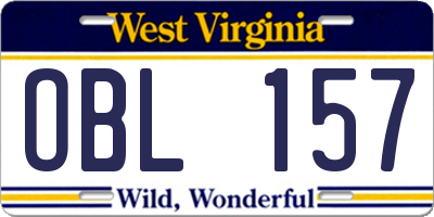 WV license plate OBL157