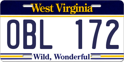 WV license plate OBL172
