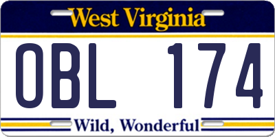 WV license plate OBL174