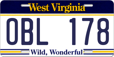 WV license plate OBL178