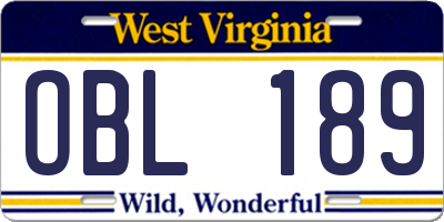 WV license plate OBL189