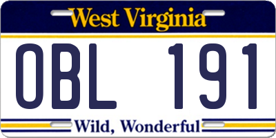WV license plate OBL191