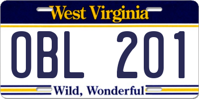 WV license plate OBL201