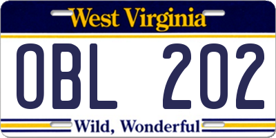 WV license plate OBL202