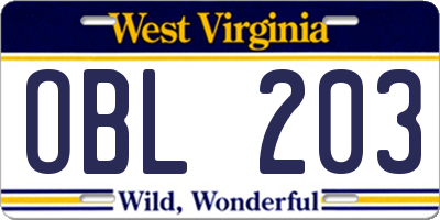 WV license plate OBL203