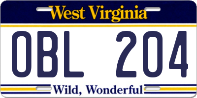 WV license plate OBL204