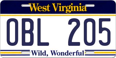 WV license plate OBL205