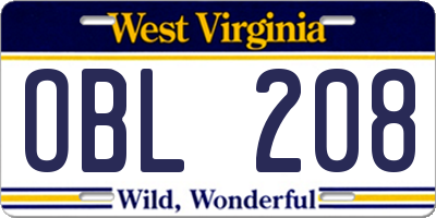 WV license plate OBL208