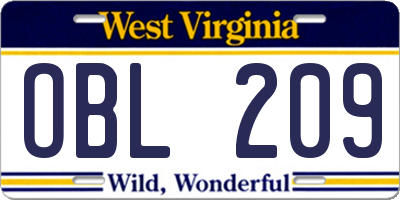 WV license plate OBL209